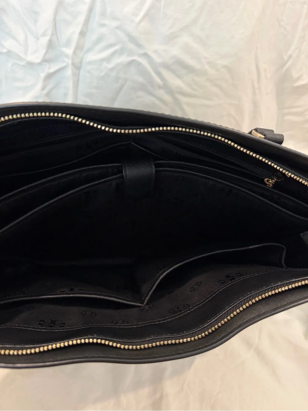 Tory Burch Black Leather Zip-Top Tote with Gold Hardware